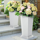 FENCY Set of 2 Tall Planters for Outdoor Plants, 24 Inch Large Tapered Pots with Drainage Trays, Weather-Resistant Plastic Plant Containers for Patio, Porch, Garden, Front Door Decor,White, Striped by CozyNest Decor