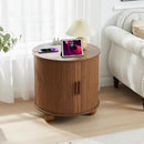 AVZEAR 24" Large Round End Table with Charging Station, Farmhouse Fluted Sofa Side Table with Sliding Tambour Door & Storage, Mid-Century Wood Nightstand for Living Room, Bedroom, Walnut by CozyNest Decor