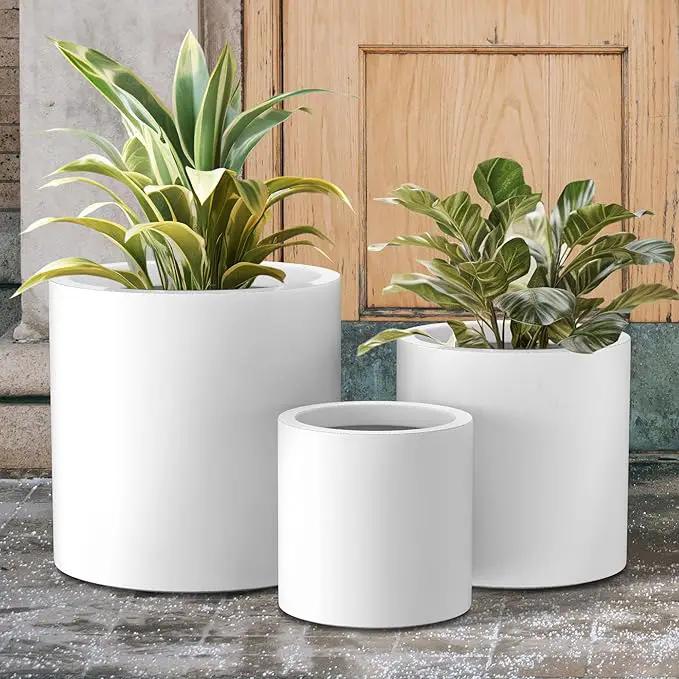 Kante RC0119ABC-C80011 Set of 3 Lightweight Concrete Modern Cylinder Outdoor Planters, 15.8, 12.9 and 9.8 Inch Diameter, Pure White, photo 4 of 8