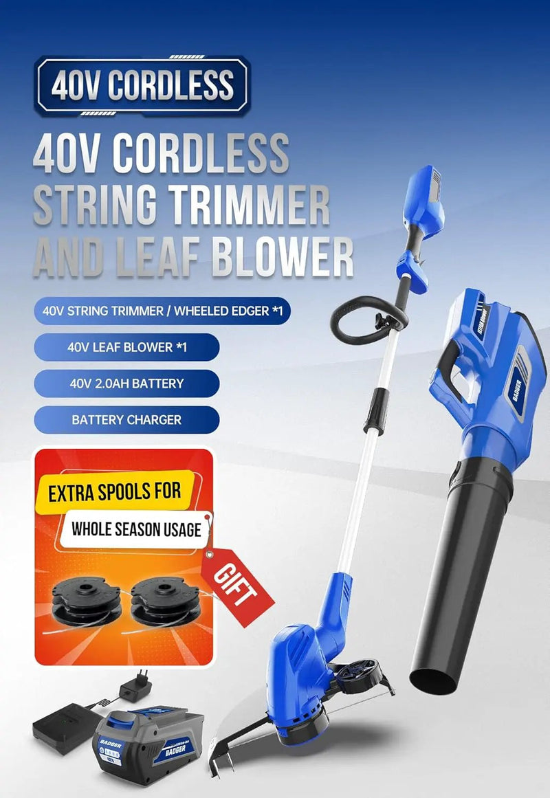 WILD BADGER POWER 40V Weed Wacker & Leaf Blower, Wheeled Edger Kit Electric with 2Ah Battery & Charger, String Trimmer, Lightweight, Adjustable Telescopic Shaft, Easy to Use and Convert, photo 2 of 6