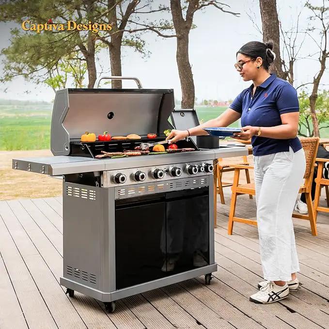 Captiva Designs 6-Burner Propane Gas BBQ Grill with Side Burner & Porcelain-Enameled Cast Iron Grate and Plate for Outdoor Barbucue Events, 52,000 BTU Output,740 SQ.IN. Cooking Area，Heavy Duty, photo 7 of 9