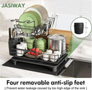 2 Tier Black Large Stainless Steel Dish Drainers Drying Rack for Kitchen Counter with Drainboard, Rust Proof Metal, Space Saving, Modern Aesthetic, Compact Plates Strainers with Extra Mat by CozyNest Decor