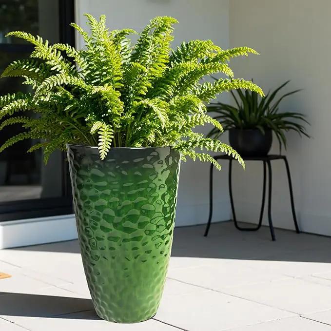 Worth Garden 14" Dia x 24" H Large Plastic Planters with Drainage Hole, Set of 2 Hammered Texture Green Glossy Smooth Finish, Tall Round Decorative Flower Plant Pot for Indoor Outdoor, Front Porch, photo 3 of 7