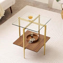Glass End Table, Mid-Century Modern Design Sofa Table, for Living Room, 2-Tier Structure, Clear Glass Top and Walnut MDF Shelf, Sleek Conical Metal Legs with Gold Finish Frame by CozyNest Decor