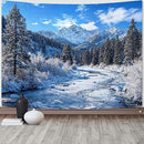 AMM Winter Forest Snow Mountain Tapestry Snowy Pine Tree Woodland Tapestry for Bedroom Aesthetic White Clouds Flowing River Landscape Tapestries Wall Hanging for Living Room Dorm Office 48 x 36 Inch by CozyNest Decor
