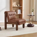 Modern Armless Accent Chair for Living Room, Brown PU Leather Button Tufted Upholstered Lounge Reading Chair with Walnut Wood Frame by CozyNest Decor