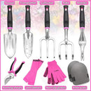 THINKWORK Pink Garden Tools, Gardening Gifts for Women, with 2 in 1 Detachable Storage Bag, Trowel, Transplanter, Rake, Weeder, Cultivator, Purning Shears and 3 Additional Protection Tools by GreenHaven Gardens
