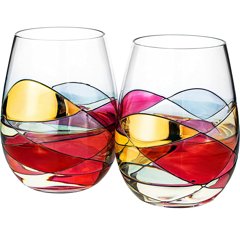 Artisanal Hand Painted Stemless - Gift for Mom, Friends, Girlfriends, Renaissance Romantic Stain-glassed Windows Wine Glasses Set of 2 - Gift Idea for Birthday, Housewarming - Extra Large Goblets