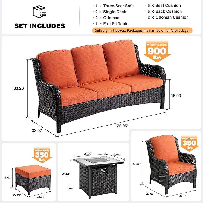 ovios 6 Pieces Patio Furniture Set with 30" Fire Pit Table, Outdoor Wicker Sofa with Ottomans, Comfy Cushions, High Back Couch Conversation Set, Brown Rattan, Orange Red, photo 8 of 9