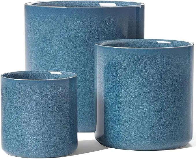 LE TAUCI Ceramic Plant Pots Indoor, 10+8+6 Inch Planters for Indoor Plants, Mid-Century Modern Flower Pots with Drainage Hole and Plug, Cylinder Round Planters, Set of 3, Reactive Glaze Blue