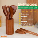 Riveira Premium Brown Bamboo Wooden Spoons for Cooking Set of 9 – Premium Brown Bamboo Wooden Cooking Utensils, Wooden Spatula, Wooden Spoon - Premium Quality Wooden Utensil Set for Non-Toxic Cooking by CozyNest Decor