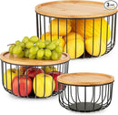 Fruit Basket for Kitchen Counter Set of 3 - Large Stackable Baskets with Bamboo Lid - Perfect Holder For Fruit and Vegetable Storage - Keep Your Countertop Classy, Tidy and Slightly Fruity!