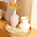 Round Rattan Tray with Mother of Pearl Inlay & Wooden Base - Decorative Wicker Serving Tray for Coffee/Bread/Fruits, Food Storage & Display - Multipurpose Home Decor (L,Island) by CozyNest Decor