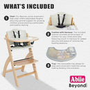 Abiie Beyond Junior Wooden High Chair with Tray - Adjustable and Convertible High Chair for Babies and Toddlers - 6 Months to 250 Lb - Water Resistant - Natural Wood/Dove Grey Cushion by TinyTreasures Baby Boutique