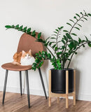 D'vine Dev Ceramic Planter with Natural Stand - 10 Inch Modern Round Flower Pot with Wood Planter Holder, Black, 55-B-K-2 by GreenHaven Gardens