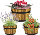 IDZO Set of 3 Wooden Flower Planters for Outdoor Plants, Acacia Wood Barrel Planters, Ergonomic Handles, Drainage Holes, Various Sizes, Golden Teak by CozyNest Decor