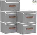 Yawinhe Collapsible Storage Bin, Cube Organizer Basket, Fabric Box with Lids, Washable and Leather Handle, for Home, Closet, Grey, 15.0''Lx9.8''Wx9.8''H, 5-Pack, USNK024GL-5 by TinyTreasures Baby Boutique