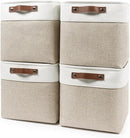 Collapsible Fabric Storage Cubes 11x11 Cube Storage Bins, 4 Pack Closet Baskets Box with Handles for Organizing, Shelf, Toys, Clothes, Home, Office, Nursery (Beige&White) by CozyNest Decor