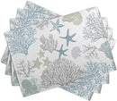 Summer Linen Placemats Set of 4 Nautical Coastal Theme Washable Non-Slip Heat Resistant Table Place Mat 12×18 Inch Ocean Beach Blue Grey Coral Starfish Place Mats for Kitchen Dining Table by CozyNest Decor