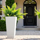 Worth Garden 28" H. Large Metal Glazed Planter Set of 2, Modern Glossy Finish White Tall Square Tapered Steel Flower Plant Pots for Indoor & Outdoor Use - Insert Plate with Drain Holes, Air Vents by CozyNest Decor