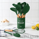 Country Kitchen Non Stick Silicone Utensil Set with Rounded Wood Handles for Cooking and Baking, 14 Piece Set, Green by CozyNest Decor