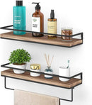 Meangood Floating Shelves Wall Mounted Set of 2, Wall Shelf with Towel Bar Rustic Wood Wall Storage Shelves for Bedroom,Living Room,Bathroom, Kitchen Torched Wood by CozyNest Decor