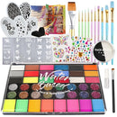 Pintada 42 Color Face Painting Kit for Kids +30g Black and White Face Paint - Non Toxic Water Based Face Paint Palette With Stencils, Brush, Gems. For Carnival, Halloween, Costume Makeup by TinyTreasures Baby Boutique