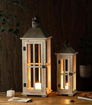 TIMRIS Large Rustic Wooden Decorative Lantern Set of 2, Modern Farmhouse Distressed Whitewash Floor Candle Lanterns, Indoor/Outdoor Hanging Lanterns for Home Decor (No Glass) by CozyNest Decor