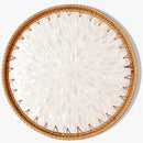 Round Rattan Tray with Mother of Pearl Inlay & Wooden Base - Decorative Wicker Serving Tray for Coffee/Bread/Fruits, Food Storage & Display - Multipurpose Home Decor (M,White Leaves) by CozyNest Decor