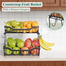 Giwil 2 Tier Countertop Fruit Basket for Kitchen, Vegetable Storage Bread Fruit Bowl Stand with 2 Banana Hangers, Wall Mounted Metal Wire Basket Organizer for Potato Onion, Black by CozyNest Decor