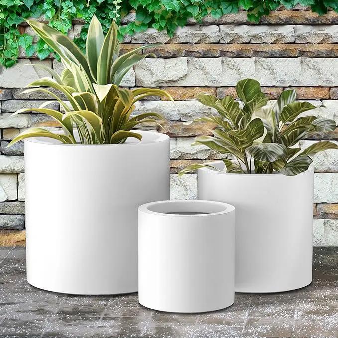 Kante RC0119ABC-C80011 Set of 3 Lightweight Concrete Modern Cylinder Outdoor Planters, 15.8, 12.9 and 9.8 Inch Diameter, Pure White, photo 5 of 8