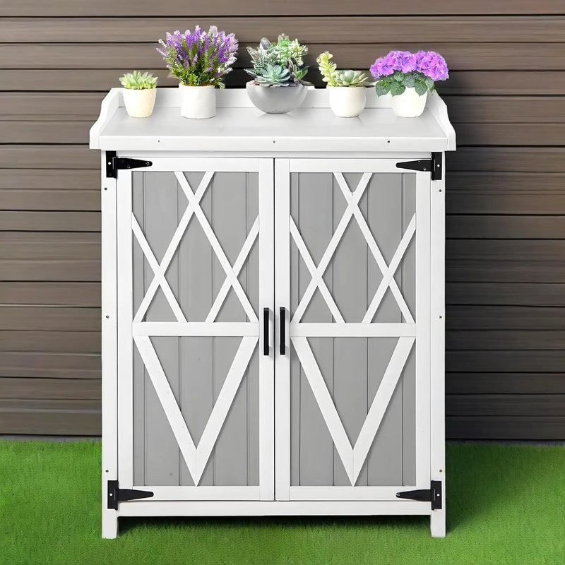Outdoor Cabinet with Metal Tabletop Garden Potting Bench Table - Outdoor Garden Patio Wooden Storage Cabinet with Adjustable Shelf, Wooden Storage Cabinets, Weatherproof for Garden Patio Lawn