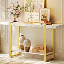 Huuger 47.2 Inch Entryway Table with Marble Top, 2-Tier Modern Console Sofa Table with Storage, Accent Table, for Entry, Hallway, Entrance, Foyer, T-Shaped Metal Frame, White Marble & Gold by CozyNest Decor