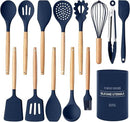 Country Kitchen Non Stick Silicone Utensil Set with Rounded Wood Handles for Cooking and Baking, 14 Piece Set, Navy by CozyNest Decor
