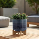 Sagebrook Home Textured Ceramic Planter with Wood Stand, Elevated Indoor/Outdoor Planter, Blue with Gray Dots, 8 L x 8 W x 10 H by GreenHaven Gardens