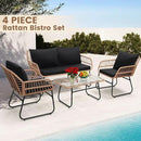 Kromax 4 Piece Patio Bistro Outdoor Furniture Set, Wicker Sofa, 2 Rattan Chairs, and Table, Backyard Conversation Set, All Weather Cushions, Natural Rattan Black Cushion by CozyNest Decor