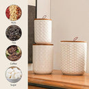 JOJUNO White Ceramic Canister Set with Wooden Lids – 3-Piece Airtight Food Storage Jars for Kitchen, Embossed Design, Small/Medium/Large Sizes (30/48/82 oz) – Flour, Sugar, Coffee, Tea Containers by CozyNest Decor