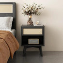MUSEHOMEINC Nightstand, Boho Bedside Table with Rattan Drawer Open Shelf, Black Wooden Night Stand with Storage, Mid Century Modern End Table for Bedroom, Living Room,Dorm and Small Spaces by CozyNest Decor