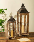Large Farmhouse Wooden Decorative Lantern Set of 2, Rustic Distressed Brown Burnt Wood Floor Candle Lanterns, Indoor/Outdoor Hanging Lanterns for Home Decor (No Glass) by CozyNest Decor