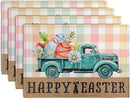 Happy Easter Placemats Set of 4 Pink Yellow Blue Buffalo Plaid Truck Eggs Daisy Easter Table Mats Spring Seasonal Linen Place Mat Washable Place Mats for Party Kitchen Dining Outdoor Indoor Decor by CozyNest Decor