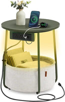 VASAGLE Side Table with Charging Station, Round End Table with Fabric Basket, LED Nightstand with Power Outlets, USB Ports, for Living Room, Bedroom, Modern, Forest Green and Cream White ULET227C01 by CozyNest Decor