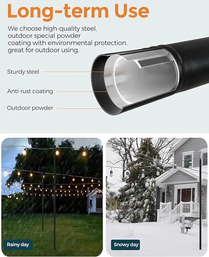LAND·VOI Metal String Light Poles for Outside Hanging - Backyard, Garden, Patio, 4 Pack Lighting Stand with Adjustable Height for Outdoor Parties, Wedding, Extra-Long 5-Prong Claws, (9.6FT) FLP04B, photo 3 of 9