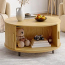 Round Coffee Table with Storage, 31.5" Modern Coffee Table with 360° Curved Sliding Door, Fluted Wood Accent Coffee Table with Adjustable Footpads, Round Center Table for Living Room, Oak by CozyNest Decor