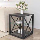 Farmhouse End Table, Modern Side Table with 3-Tier Storage Shelf, Square Rustic Nightstand, Accent Tea Table, for Bedroom Office Living Room, Grey, Natural Wood, Glass, Metal by CozyNest Decor