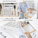Premium Silverware, Flatware and Utensil Organizer for Kitchen Drawers, Food-Safe Contract Grade, Expandable from 14.5 to 25 In, White Bamboo by CozyNest Decor