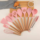 Silicone Cooking Utensils Set, Premium Beech Wood Handle Kitchen Gadgets Utensil Set, Non-Stick Kitchen Utensils Spatula, Tongs, Turner, Whisk, Brush, Spoon, BPA FREE, 446°F Resistant (Pink) by CozyNest Decor