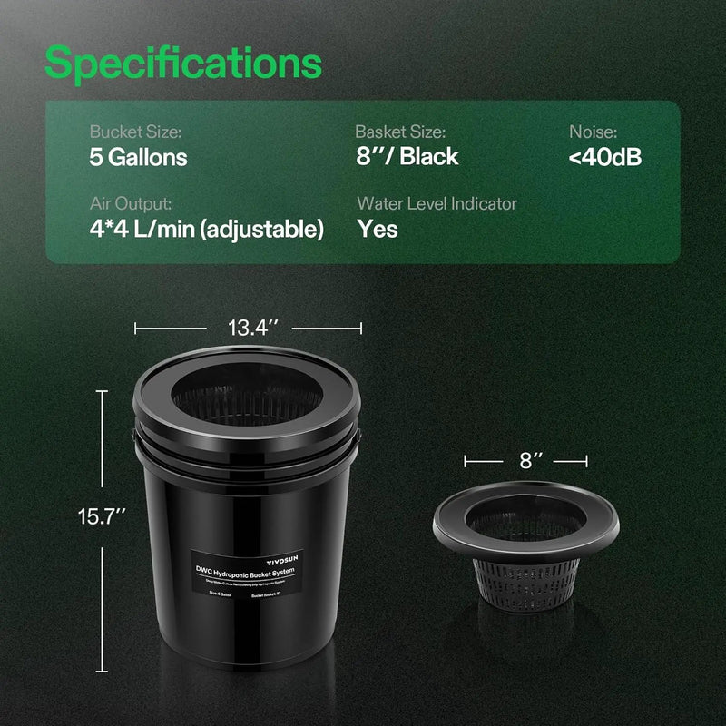 VIVOSUN DWC Hydroponics Grow System with Top Drip Kit, 5-Gallon Deep Water Culture, Recirculating Drip Garden System with Multi-Purpose Air Hose, Air Pump, and Air Stone (2 Buckets + Top Drip Kit), photo 2 of 6