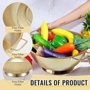 Norme 5 Quart Stainless Steel Gold Colander and 3 Pcs Gold Fine Mesh Strainer, Stainless Steel Pasta Rice Food Metal Strainer with Handles, Easy Clean and Dishwasher Safe by CozyNest Decor