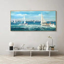 XLSJERST Large Blue Canvas Wall Art Seascape Painting - Landscape Picture Textured Navy Modern Sailboat Ocean Artwork Framed for Living Room Bedroom Bathroom Home Office Wall Decor Large Size 70"x31" by CozyNest Decor