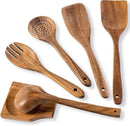 Wooden Spoons for Cooking, Nonstick Cooking Utensil Set with 5 Piece Acacia Wooden Spatulas and Spoons, as well as a Extra Whole Wood Spoon Rest, Terrific for Everyday Kitchen Tasks by CozyNest Decor